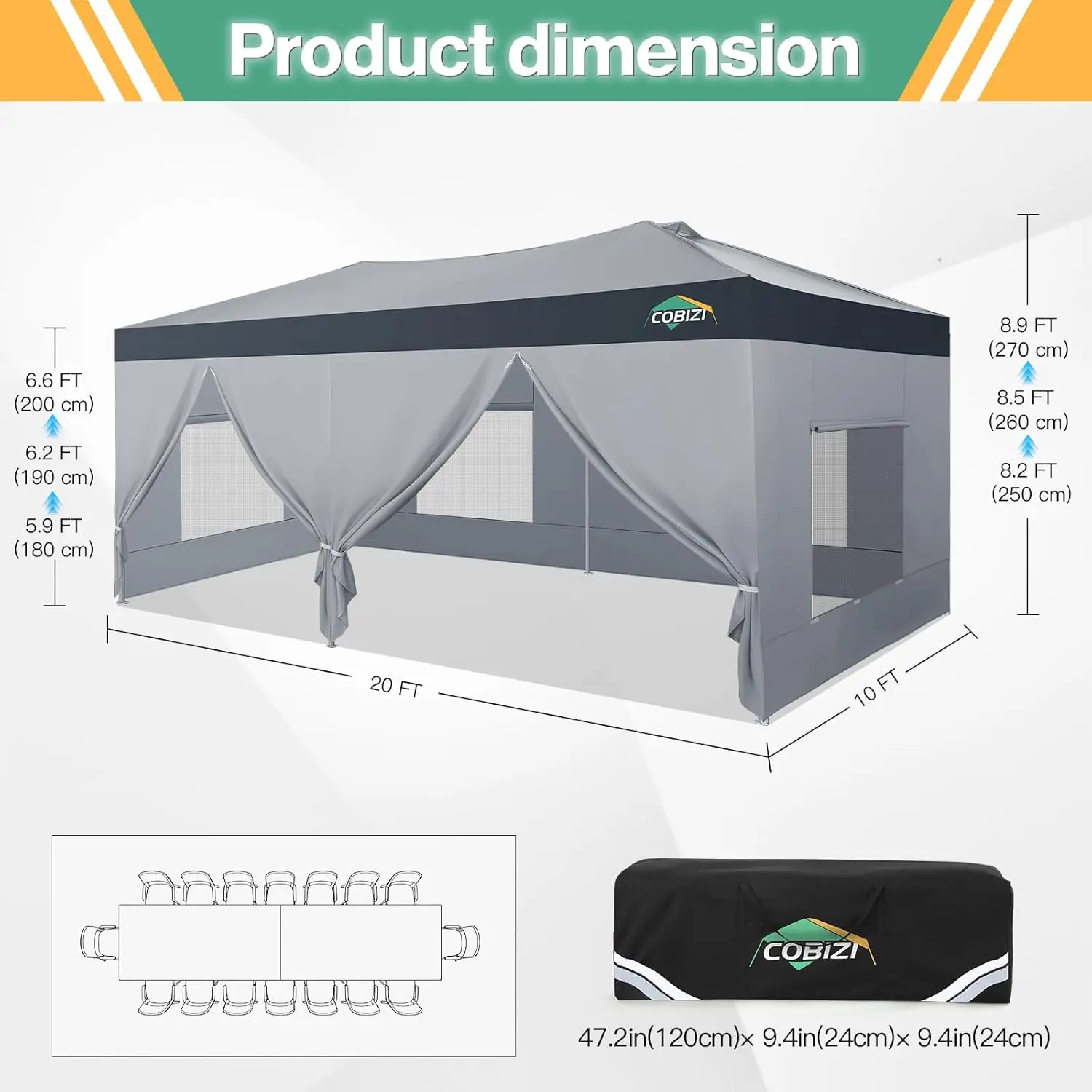 10x20ft Pop Up Canopy Tent Gazebo With 4 Sidewall One Push Setup Party Tent For Commercial Garden Outdoor Awning With Sand Bag