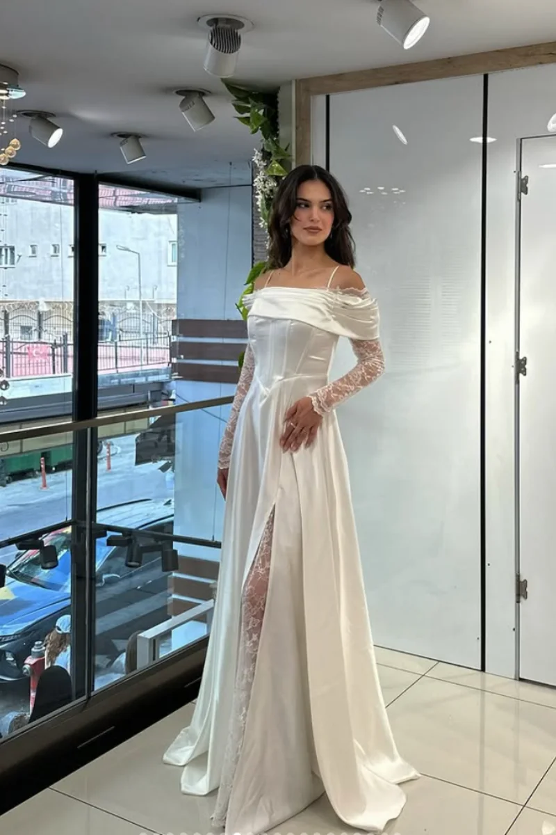 Jessica Occasioni formali Abiti da sera Maniche lunghe in pizzo Abiti da ballo A-line in raso da donna Abiti da gala personalizzati