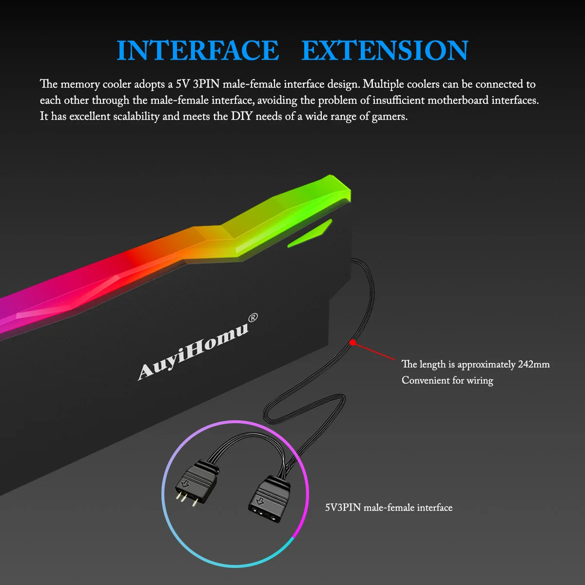 AuyiHomu RGB Heatsink, 5V 3Pin ARGB Sync Memory Cooler, High Efficiency Heat Dissipation DDR4 DDR5 RAM Heatsink for PC Gaming view 5