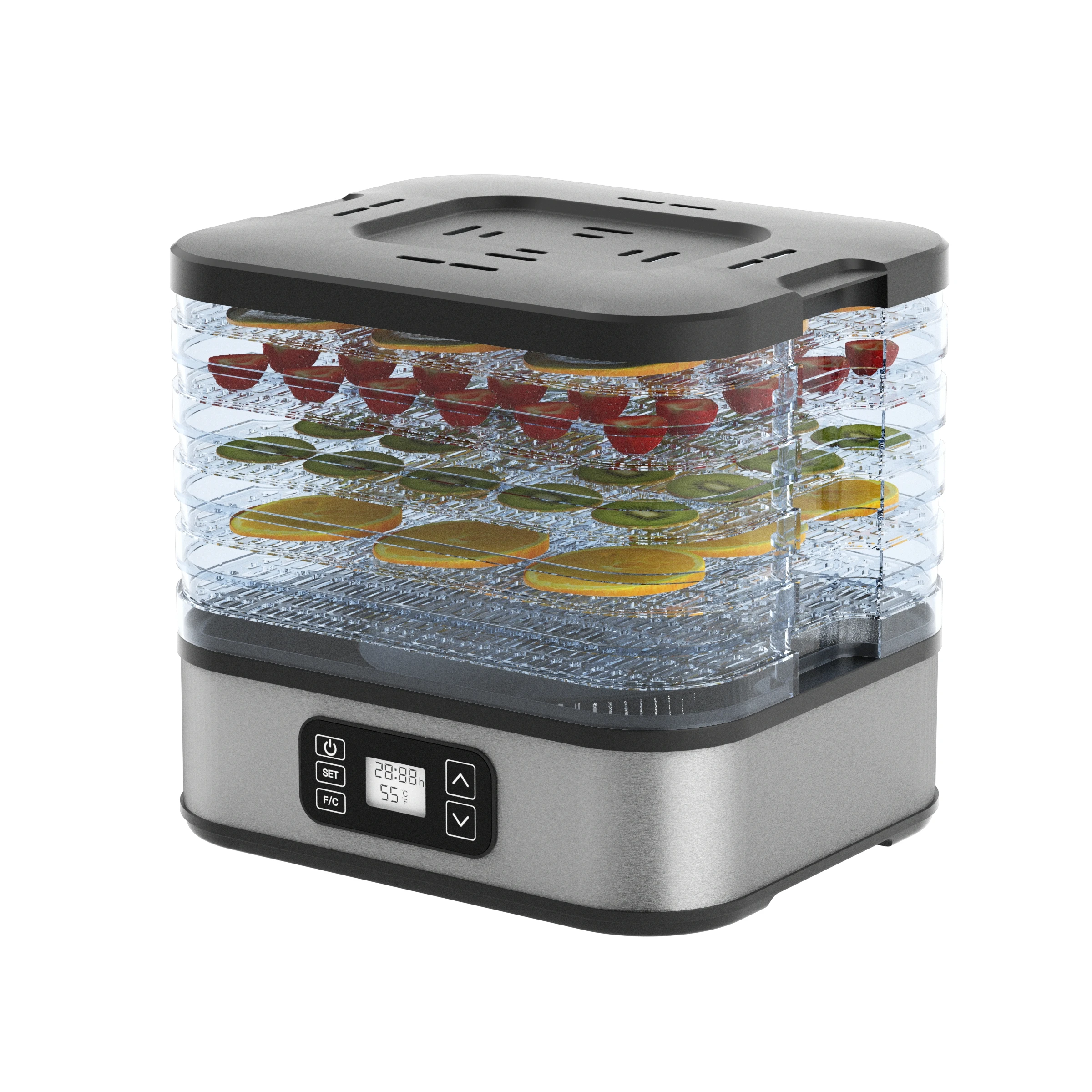 Woox Mx0195 voedseldroger, 240W, met 5 verwisselbare bakplaten. |     Fruit- en groente-droogmachine met digitale temperatuurregeling, 35-75. °   C |     Timer 0,5-72 uur |     Vlees, kruiden en