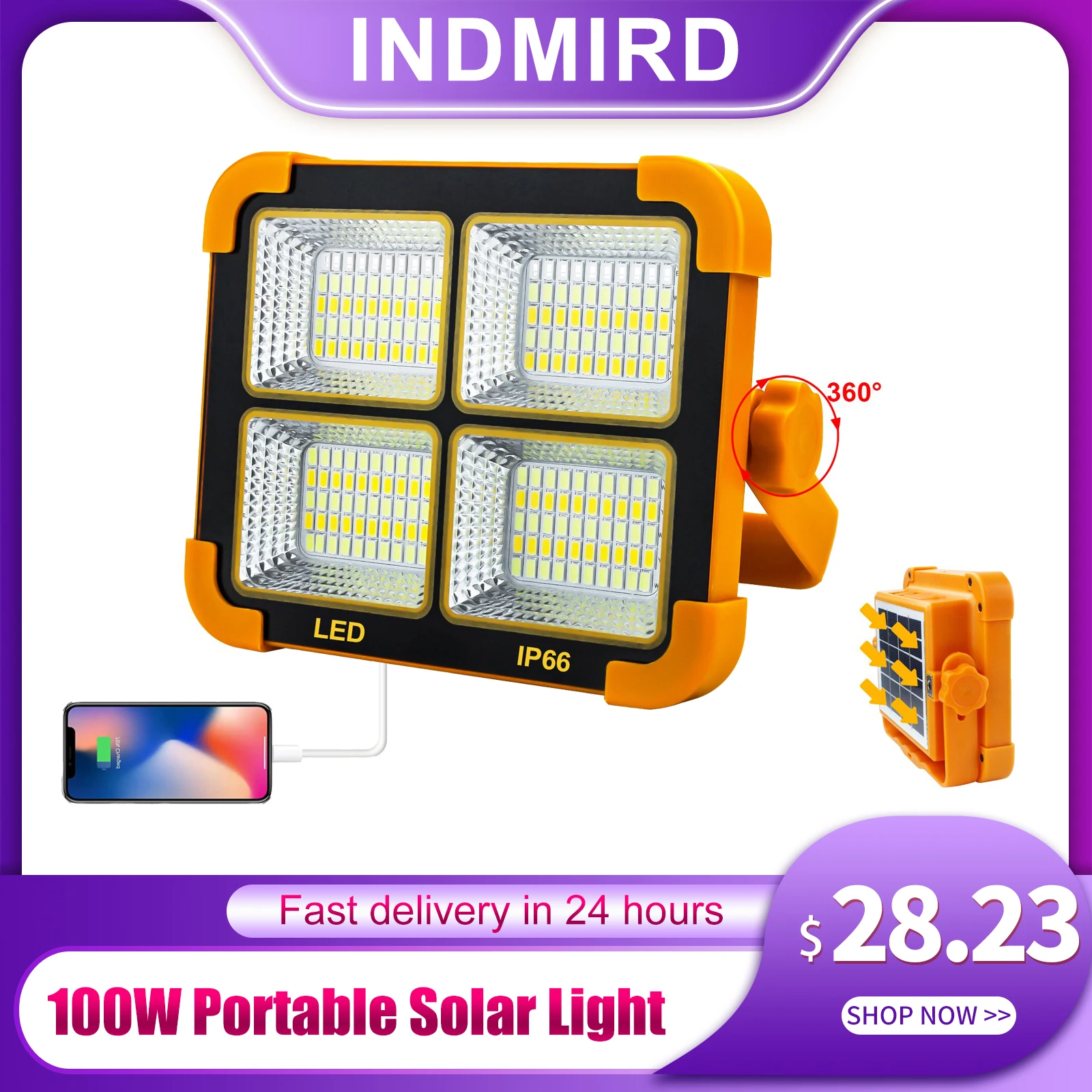 INDMIRD 100W Portable Solar Lantern LED Tent Light Rechargeable Lantern Emergency Night Market Light Outdoor Camping Bulb Lamp