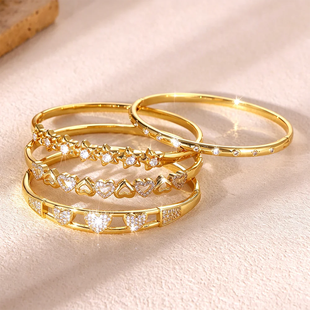 

Luxury Gold Color Heart Open Bangle For Women Sparkling Cubic Zirconia Cuff Bracelet Waterproof Charm Jewelry Wedding Party 2026