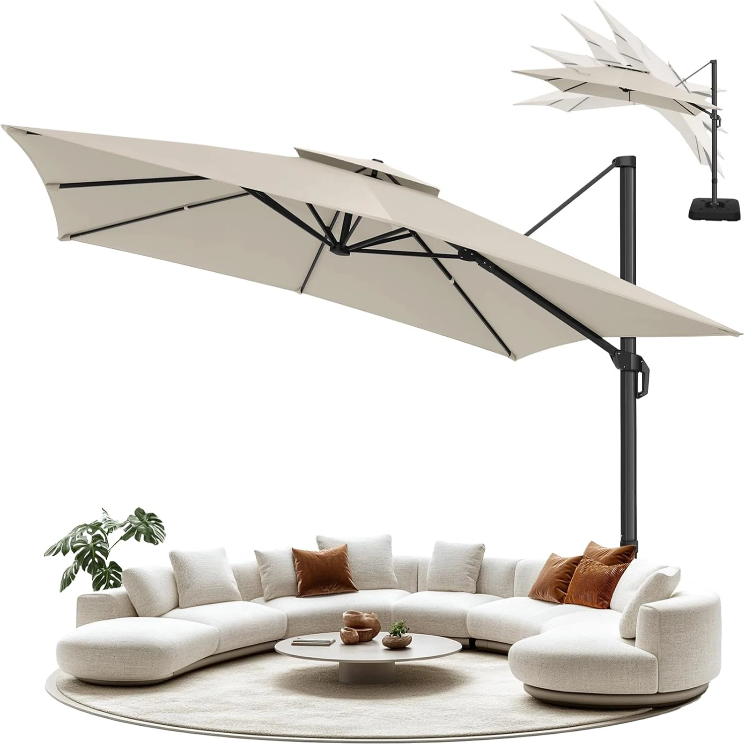 

10x10ft Patio Cantilever Umbrella Large Rectangular Deck Offset Umbrellas Patio Tilt Umbrella Double Roof With 360° Rotation