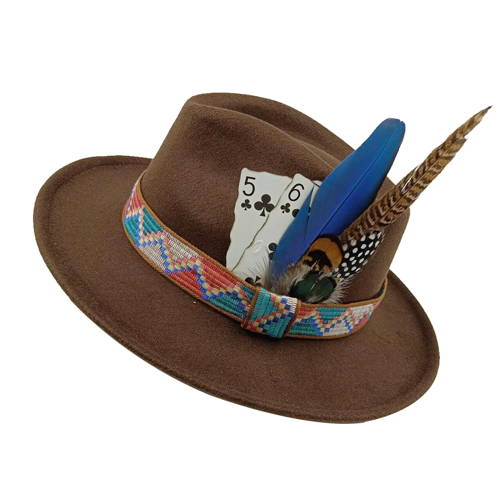 Jazz wool hat Panama hat European and American style hat Poker feather decorated wool wide brim hat party hat chapeau femme