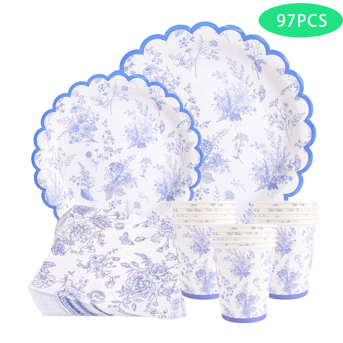 97Pcs Blue and White Porcelain Themed Disposable Tableware Set, Featuring Classic Blue and White Texture with an Elegant Chinese Style Design, Simple, Retro, and High-End. A Complete Set of Dinner Plates, Paper Cups, and Napkins, Clean and Hygienic, Convenient and Practical, Suitable for Various Occasions Such as Traditional Chinese Banquets, Chinese-Style Birthdays, Holiday Gatherings, and Tea Room Tea Parties.