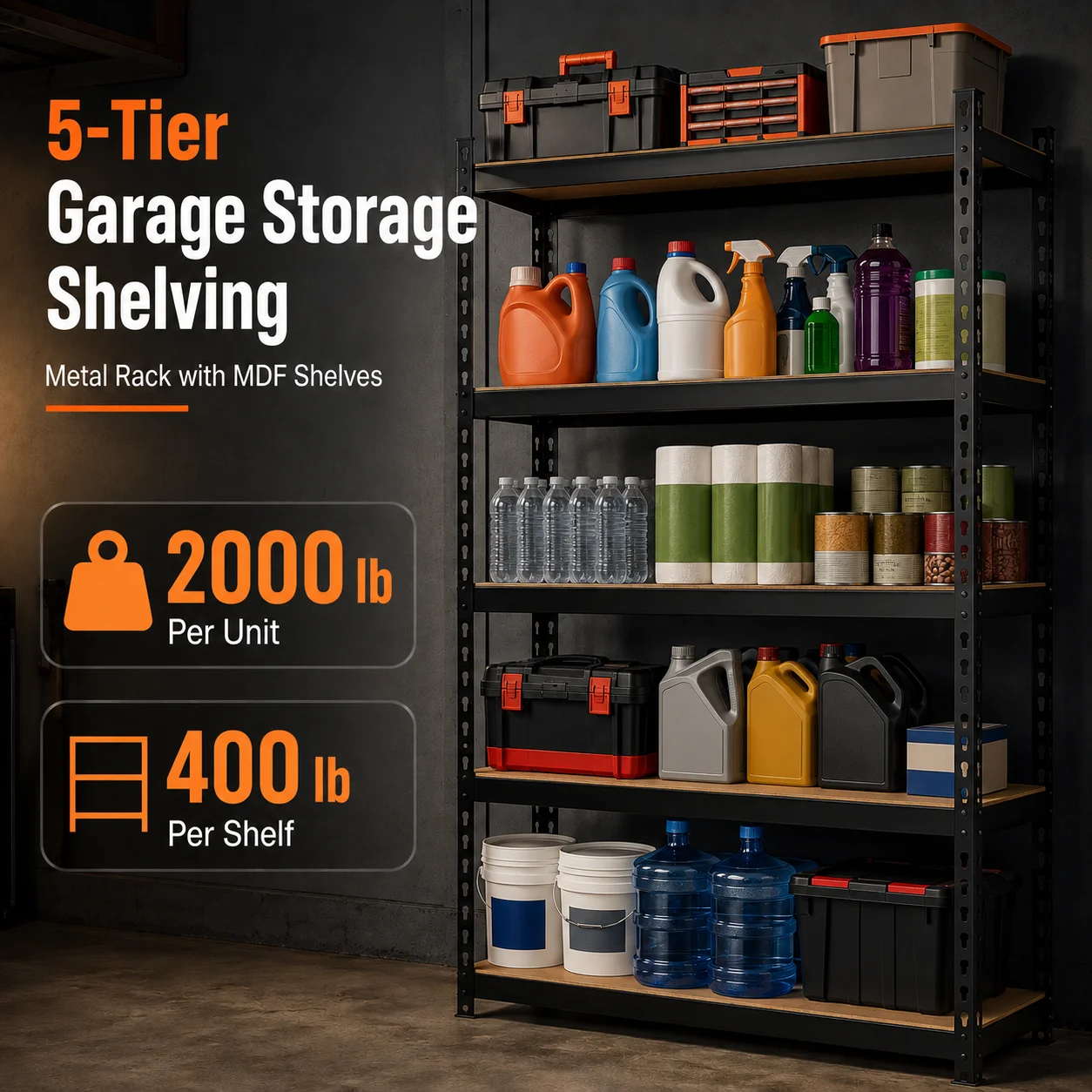 5-Tier Garage Storage Shelving Unit, 2000 lb Per Unit, 400 lb Per Shelf, Metal Rack with MDF Shelves for Garage Basement Pantry Workshop, Black, 27.6'W × 11.8'D × 59.8'H