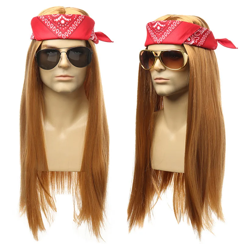 7 sztuk 70s 80s Rocker Costume Heavy Metal Wig Mężczyźni Kobiety Hippie Peruka z Bandaną Okulary przeciwsłoneczne Punk Rękawiczki Tatuaż Rękawy dla