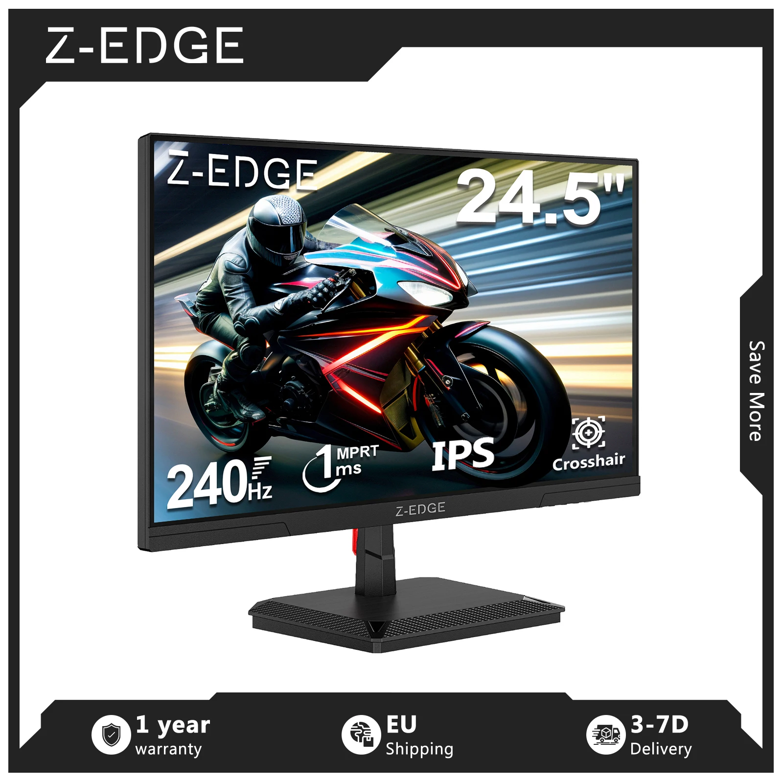 Monitor para juegos Z-EDGE de 24,5 pulgadas, monitor LED Full HD de 1920 x 1080, 240 Hz, panel IPS de 16:9, brillo de 350 cd/m², Eye-Care y FreeSync, HDR10, 100 % sRGB, diseño de bisel ultradelgado, compatible con VESA