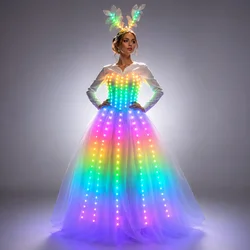 Full Color Pixel LED Skirt Dreamy luminous Wedding Dress Wings Bodysuit Women Singer Stage Costume Party Show Dancer Performance
