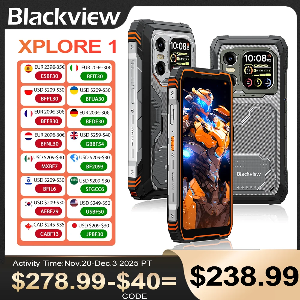 Blackview XPLORE 1 2025 года, прочный смартфон с дисплеем 6,78 дюйма и разрешением 2,4K, 5G, 6 ГБ + 512 ГБ, 20000 мАч, 64 МП, Android 15, NFC, портативный телефон Blackview XPLORE 1 2025 года, прочный смартфон с дисплеем 6,78 дюйма и разрешением 2,4K, 5G, 6 ГБ + 512 ГБ, 20000 мАч, 64 МП, Android 15, NFC, портативный телефон