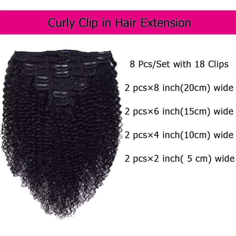 Kinky Curly Clip in Hair Extensions Human Hair 8Pcs 18Clips Double Weft Brazilian Remy Human Hair Curly Clip in Extensions