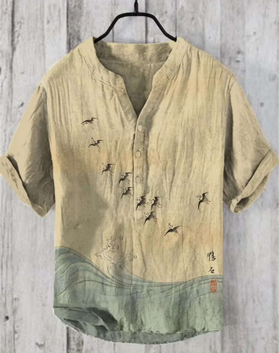 Новая мужская льняная рубашка с коротким рукавом и 3D-принтом «Летающие журавли и лягушки», пуловер, гавайская пляжная рубашка с коротким рукавом для мужчин