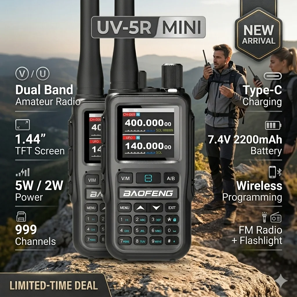 Radio bidirectionnelle Baofeng UV-5R Mini 2025, 5W, 999 canaux, bande aérienne, rechargeable Type-C, application Bluetooth, copie de fréquence sans fil