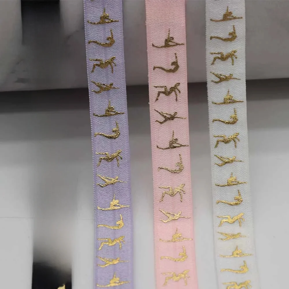Elastyczna taśma z nadrukiem złotych gimnastek, szerokość 5/8 cala (15 mm), taśma FOE do samodzielnego wykonania wiązek, ozdób do włosów. — zdjęcie 2
