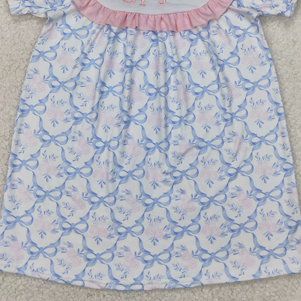 GSD2226 女の赤ちゃんサマードレス刺繍女の赤ちゃんブルー弓パパの女の子膝丈ドレス