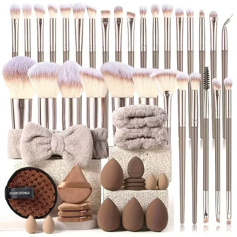 Ensemble de pinceaux de maquillage haut de gamme, y compris les pinceaux de maquillage, bandeau éponge de poignet, boule de poudre bouffante, outil de brosse de maquillage de nettoyage en Silicone