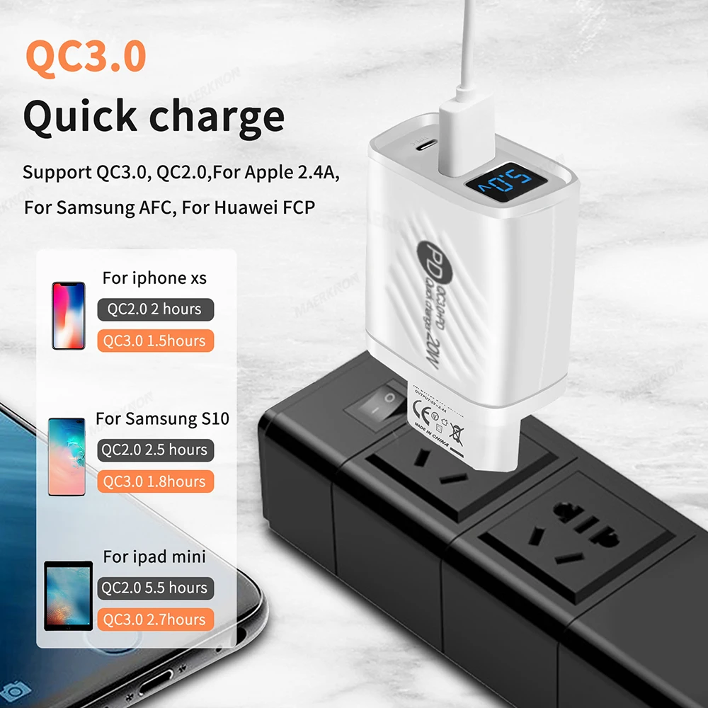 20W PD USB Type Charger QC3.0 USB C Wall Charger For iPhone 14 Samsung Xiaomi Huawei With Digital Display Phone Charger Adapter