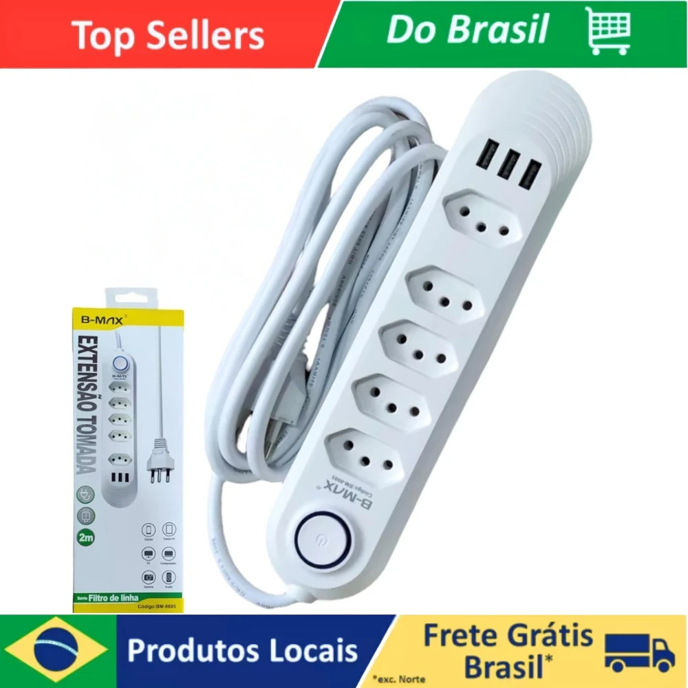 Extensão Elétrica Régua Filtro 5 Tomadas 2m com 3 Entradas USB 3 Entradas USB Interruptor