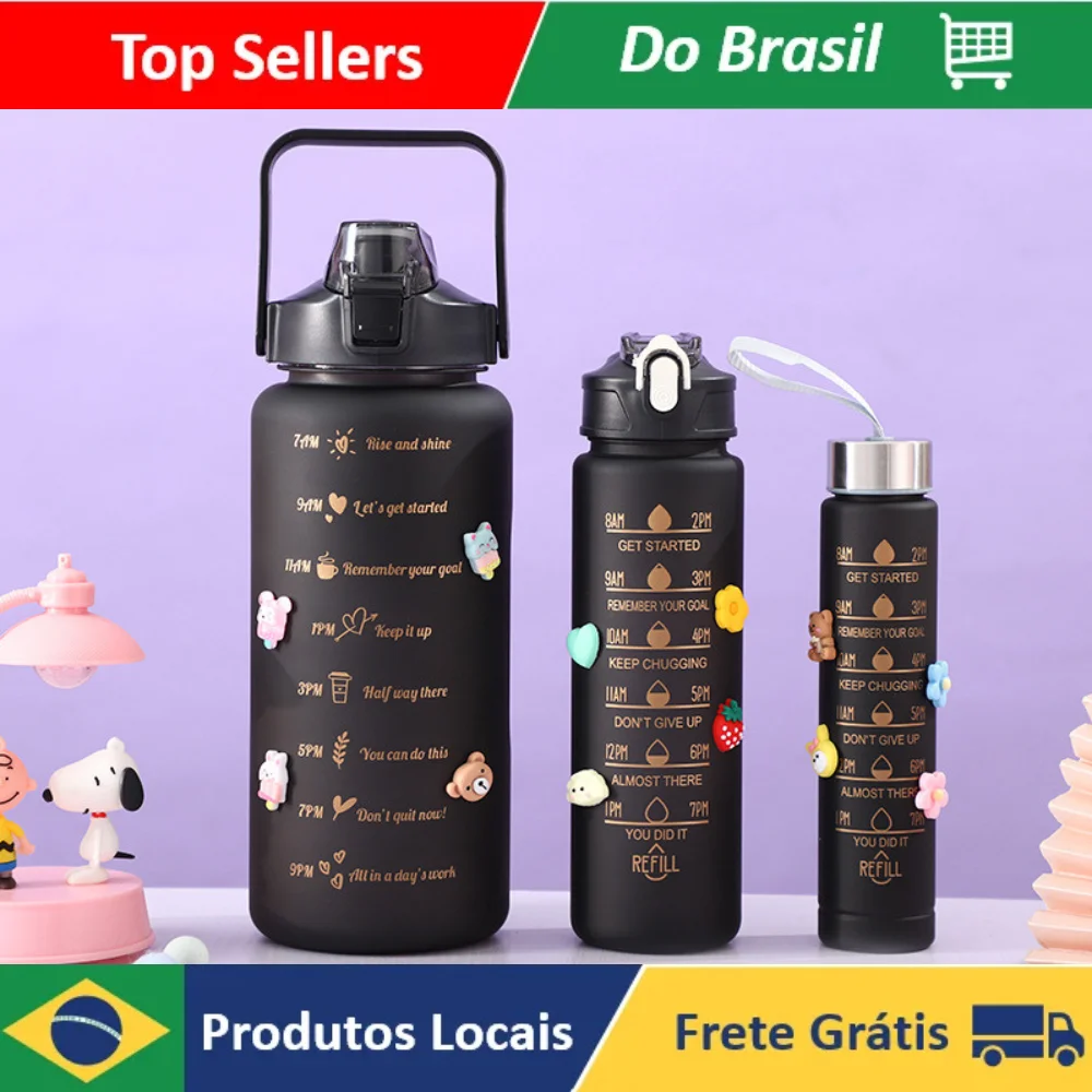 kit Com 3 Garrafas Pretas Frases Motivacionais 2000ML 900ML 300ML Com Adesivos