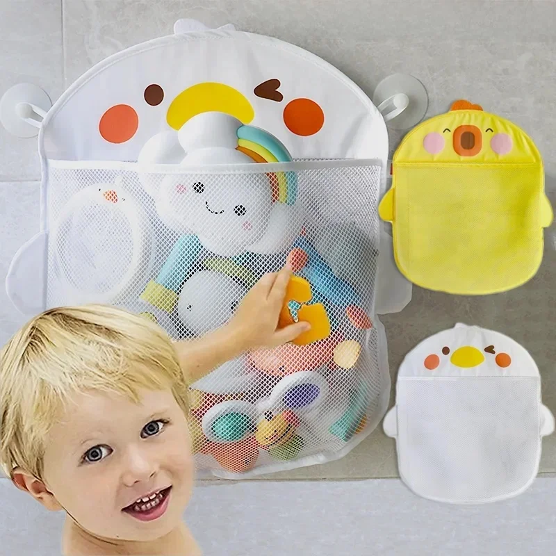Sac de rangement en maille pour jouets de bain pour enfants, imperméable et égouttoir, canard mignon de dessin animé, avec ventouses pour un rangement facile