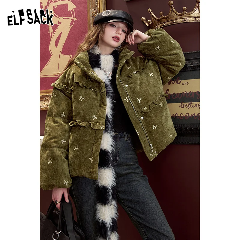 ELFSACK 2024 Winter New Arrivals Bow embroidery down jacket for women, sweet and cute warm velvet cloth thick warm coat