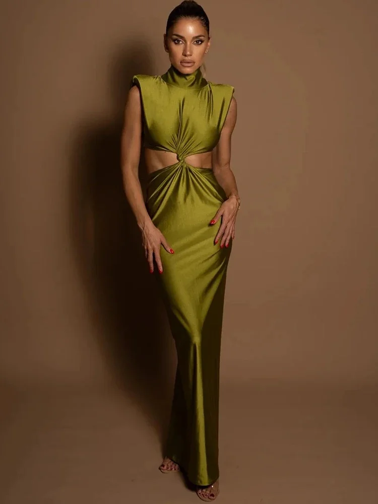 Mozision Hollow Out Turtleneck seksowna sukienka Maxi dla kobiet moda solidna obcisła sukienka bez rękawów Tank sukienki Femme klubowa sukienka na imprezę — zdjęcie 2