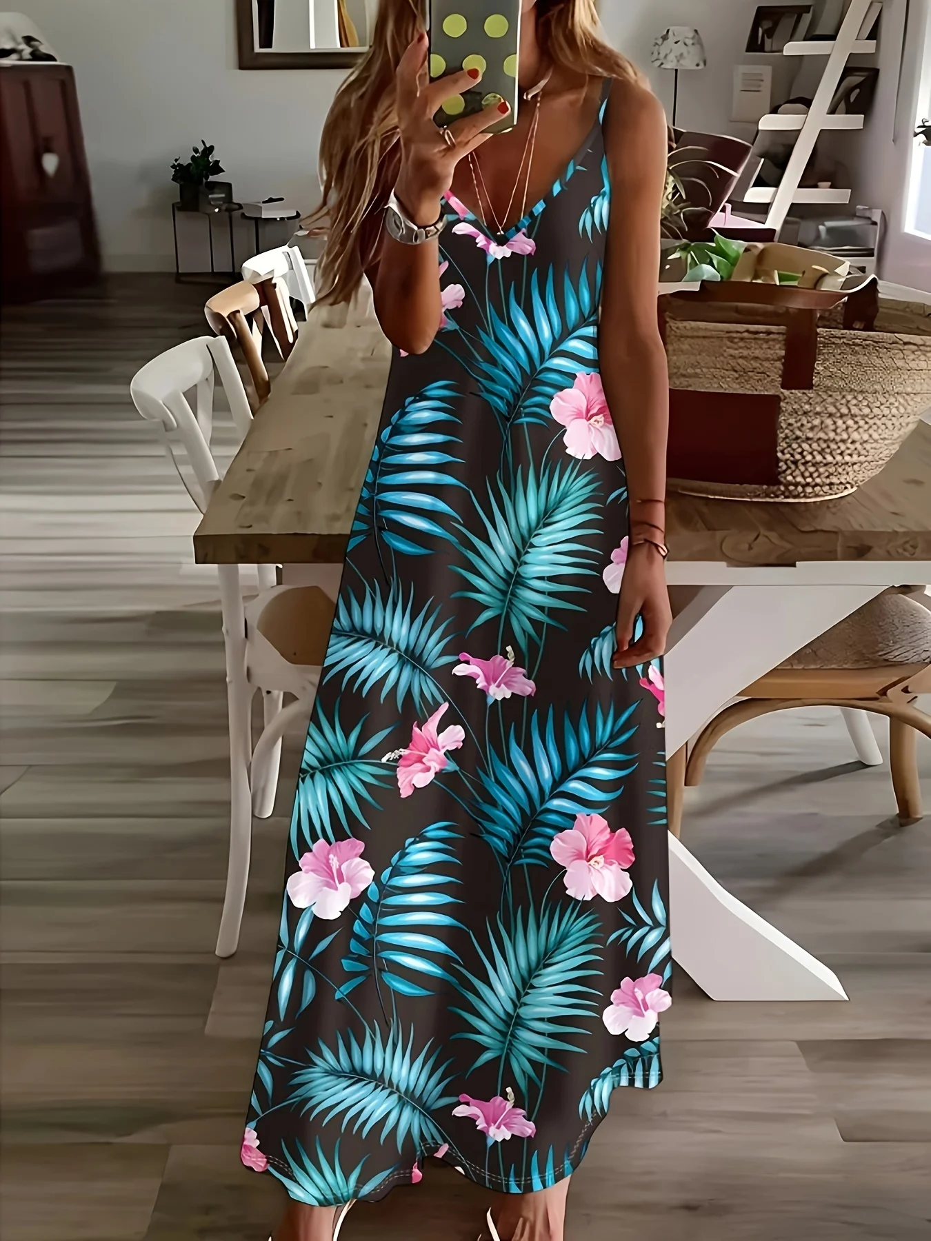 Printed Design Tropical Leaves And Flowers Print Four Seasons elegant style casual style sling dress