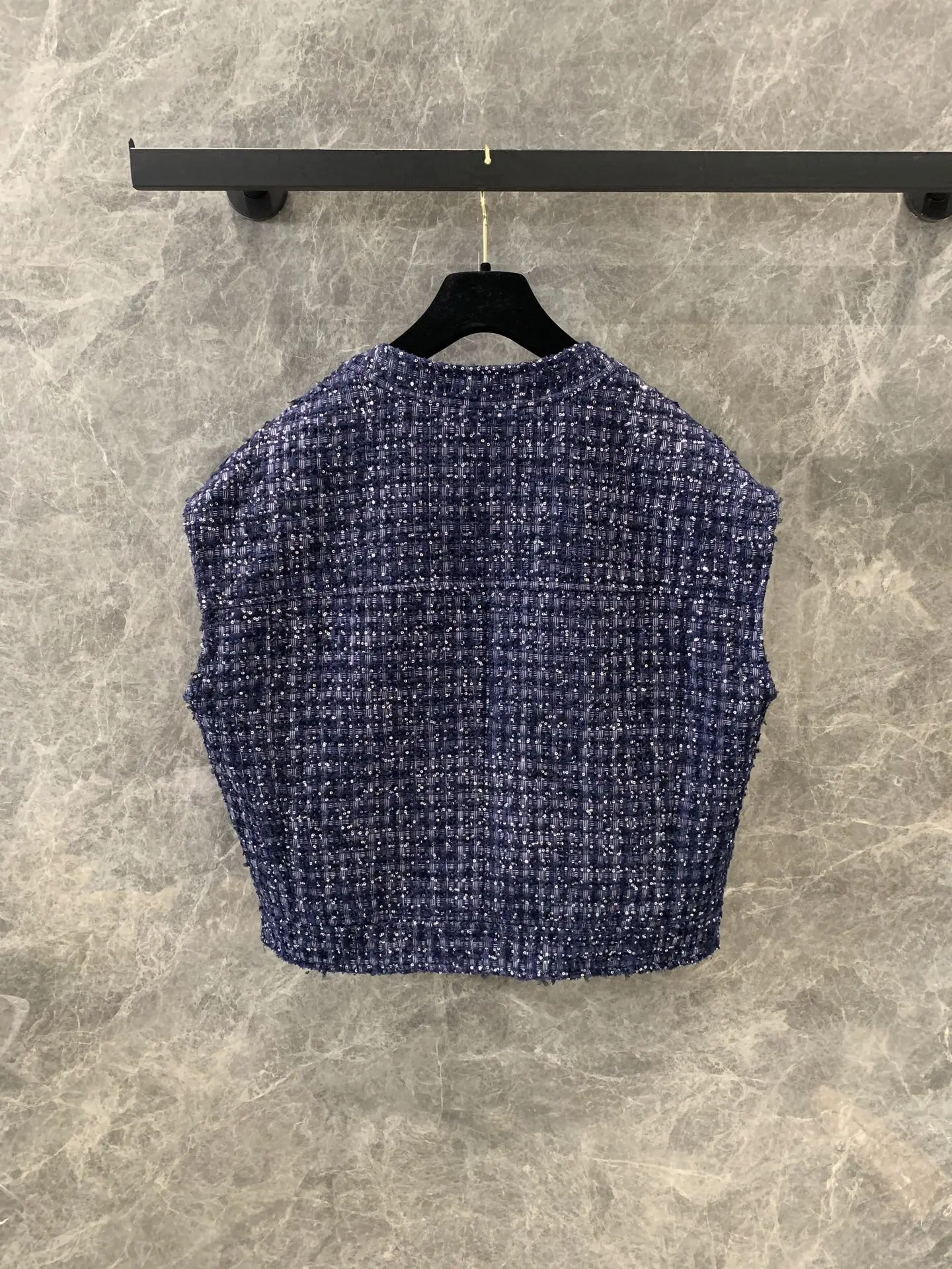 

Blue New Spring And Summer Woven Contrast Tweed Plaid Round Neck Vest 2025