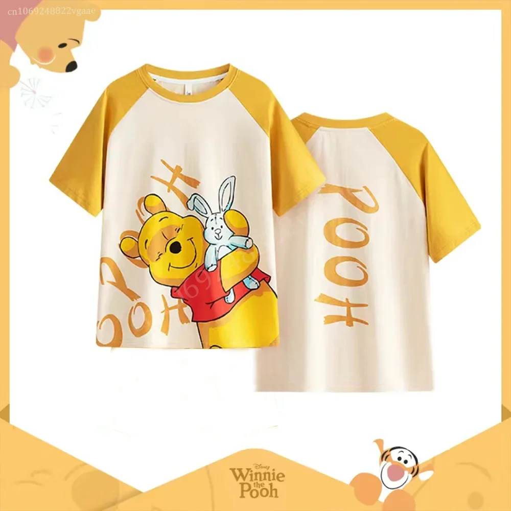 2024 Summer Disney Winnie the Pooh T Shirt Women Short Sleeve Boys Girls Kids Polyester Tee Couple Clothes Children