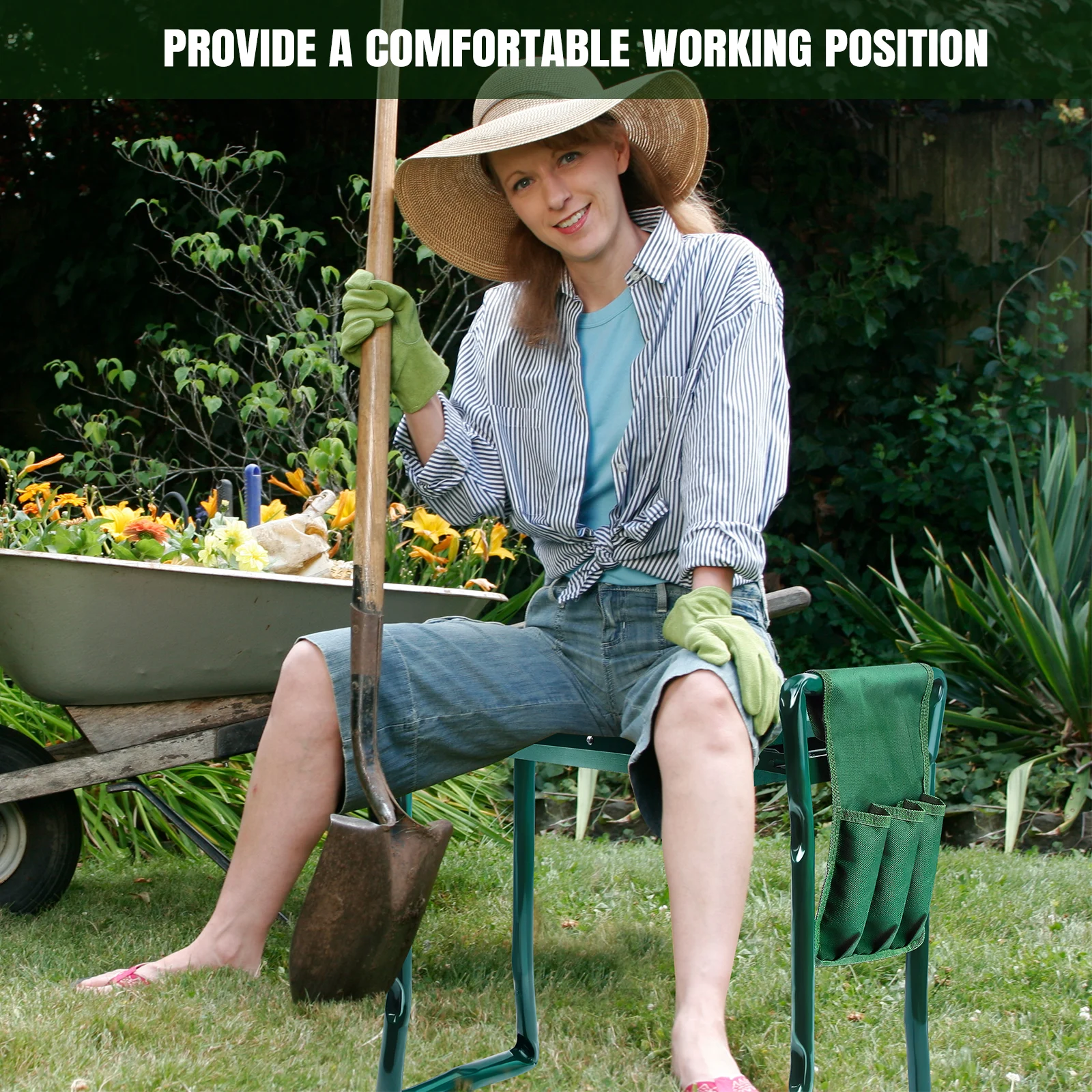 Chaise pliante 2 en 1 pour jardin avec sac à outils amovible et coussin en mousse EVA confortable, tabouret de jardinage professionnel, banc de jardinage, 60*27*49cm