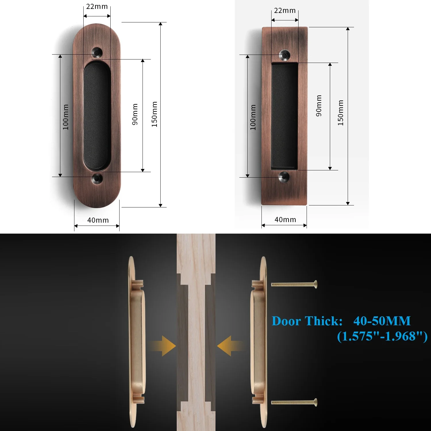 1Pair Zinc Flush Pocket Barn Sliding Door Finger Pull Handle Oval Rectangular Back-to-Back Mounting