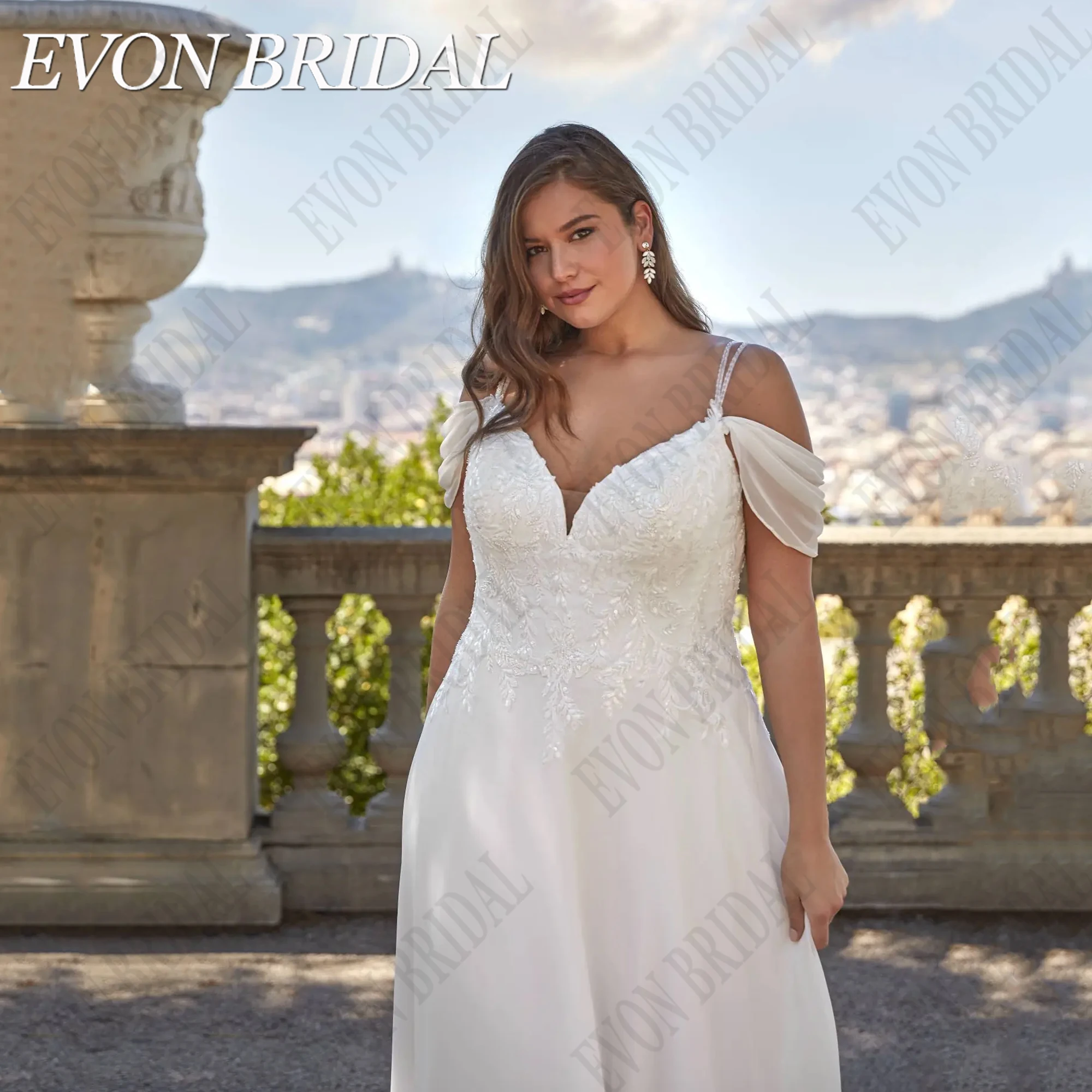 EVON BRIDAL Wedding Dress Plus Size Chiffon A-Line Applique V-Neck Sequin Civil Bride Gowns Vestidos De Novia Spaghetti Straps