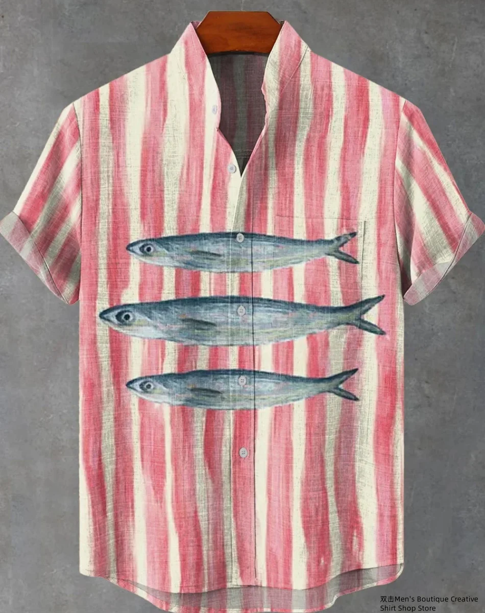 새로운 리넨 남성 3D 물고기 패턴 하와이 셔츠 캐주얼 반소매 탑 느슨한 의류 패션 빈티지 여름 셔츠 빠른 배송