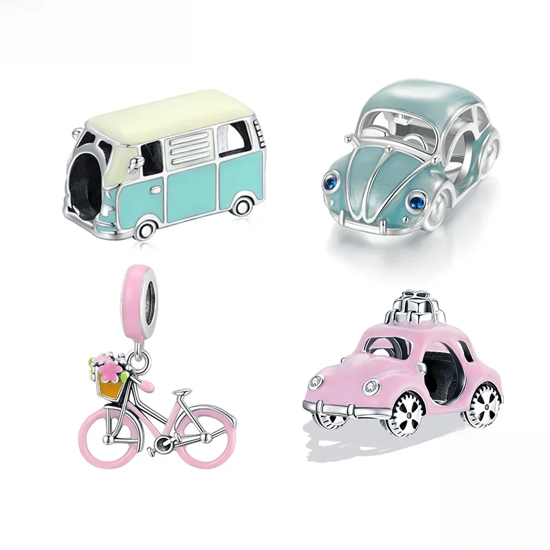 AliExpress WOSTU 925 Sterling Silver Cartoon Car Charms Bead Pink Bicycle Pendant Fit Original Bracelet DIY