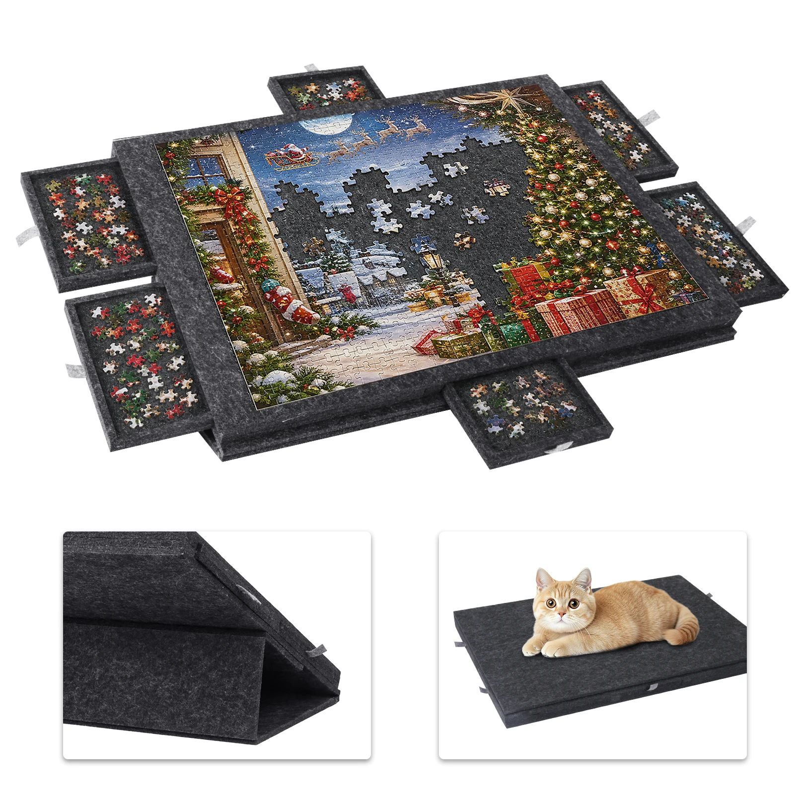 1000-delige puzzelplank van vilt met standaard en beschermhoes – Lichtgewicht 2-in-1 draagbare puzzeltafel, 6 sorteerladen, ideaal cadeau voor puzzelliefhebbers
