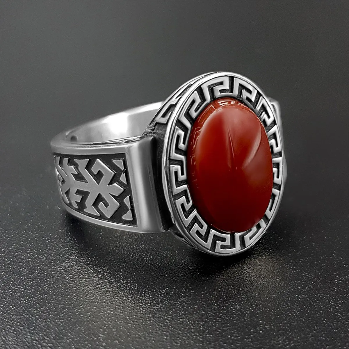 

Elegant Solid 925 Sterling SilverGreek Design Oval Agate(aqeeq) Stone Motif Men's Ring Punk Chic Accessory Handmade Jewelry Gift