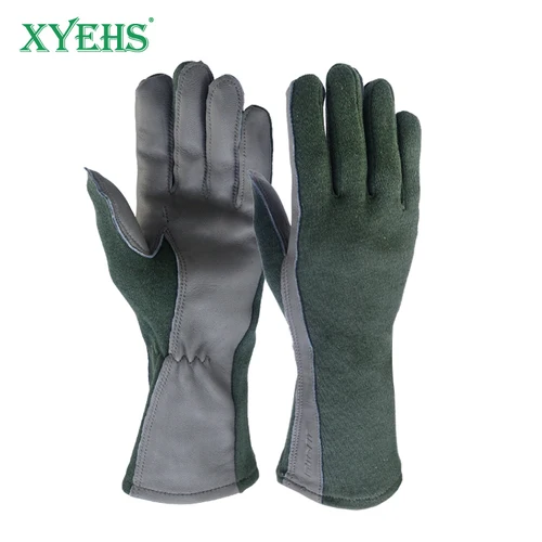 Imagen 1 del producto XYEHS 1 par de guantes de trabajo de seguridad para piloto, uniforme militar de cuero con puños largos/cortos, guantes de vuelo de aramida resistentes al fuego