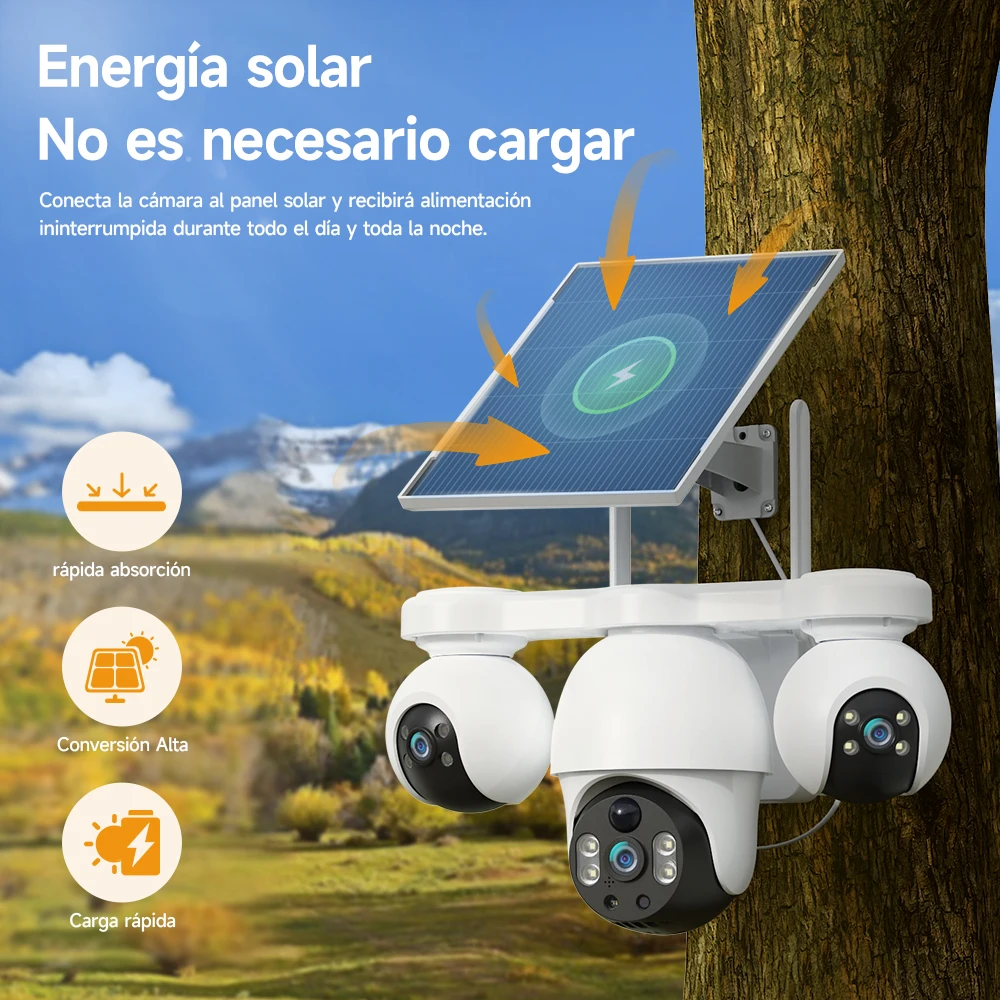 Cámara de seguridad solar V380 Pro 4K con tres lentes, cámara de vigilancia inalámbrica para exteriores con WiFi y 4G, detección de movimiento PIR, resistente al agua.