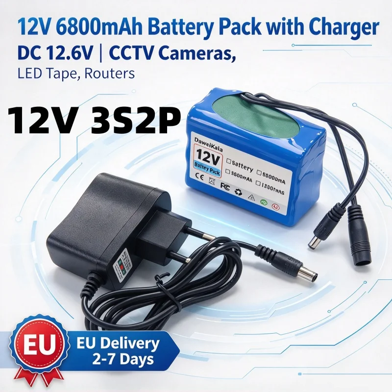 Batterie agli ioni di litio da 12 V e 6800 mAh con sistema BMS, per la protezione e il monitoraggio dei pacchi batteria al litio + caricabatterie da 12,6 V.