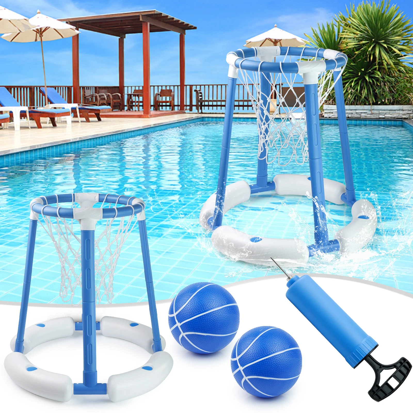 MQUDUO Pool Basketball Hoop Game Set with 2 Balls, Floating Water Sports Toy for Beach Pool Party Gift