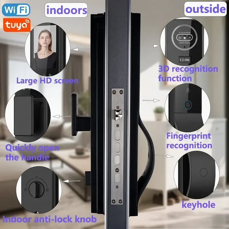 1 Fully Automatic Smart Door Lock with 8 Unlocking Methods (3D Face Recognition, Palm Vein, Fingerprint, IC Card, APP, Key, Temporary Password) - Large 4.5