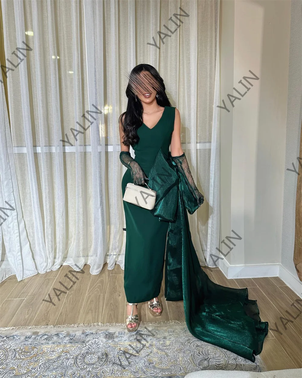 Temperament Prom Gown for Women V-Neck Sleeveless Sheath Ankle-Length Birthday Party Dresses with Gloves فساتين للحفلات الراقصة