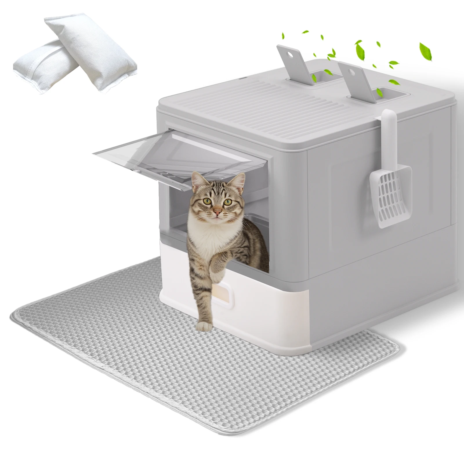 Geschlossenes Katzenklo mit Deckel, Geruchsneutralisierungsbeutel Katzentoilette in Großgröße, ausziehbares Tablett mit Katzenklo Matte für Katzen bis 18 kg