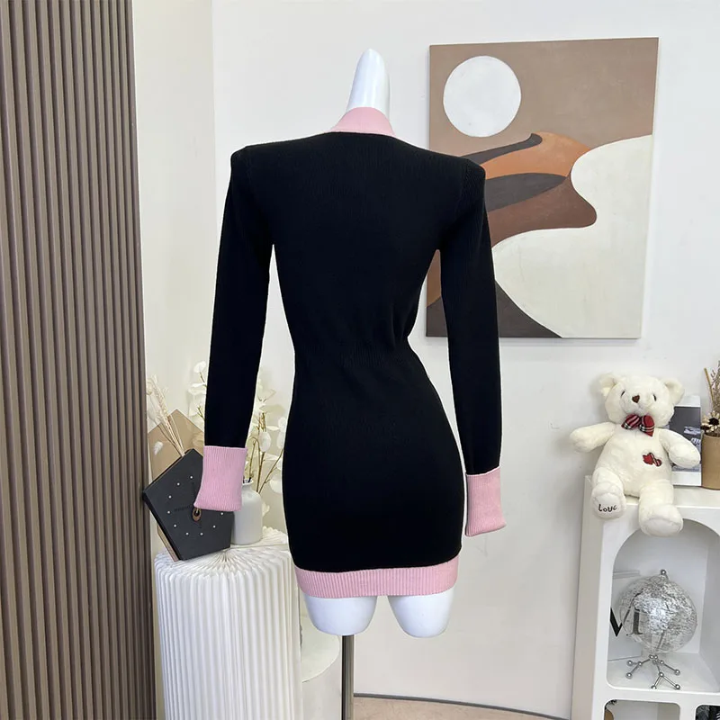 French Style Elegant Long Sleeve Patchwork Dresses 2023 Women Vintage Midi Classic Knitted Dress