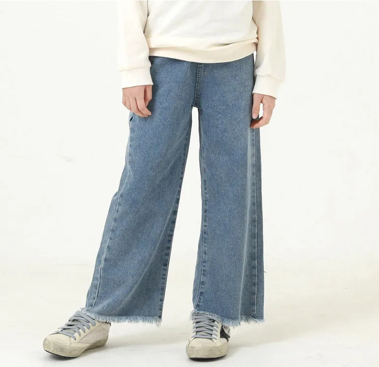 [HIORS] Shirring Band-WId Denim Pants Children's Primary-grade Up jeans