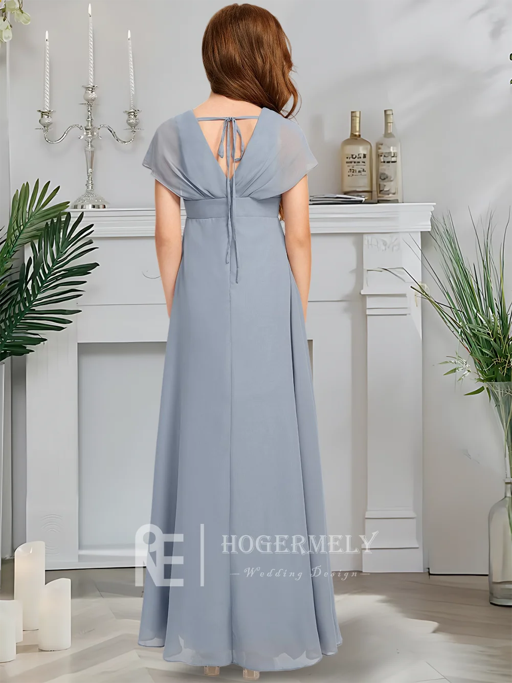 

C Kids Child V-Neck Junior Bridesmaid Dress Twilight Blue Flower Girl Dress Floor-Length Chiffon With Cascading Ruffles