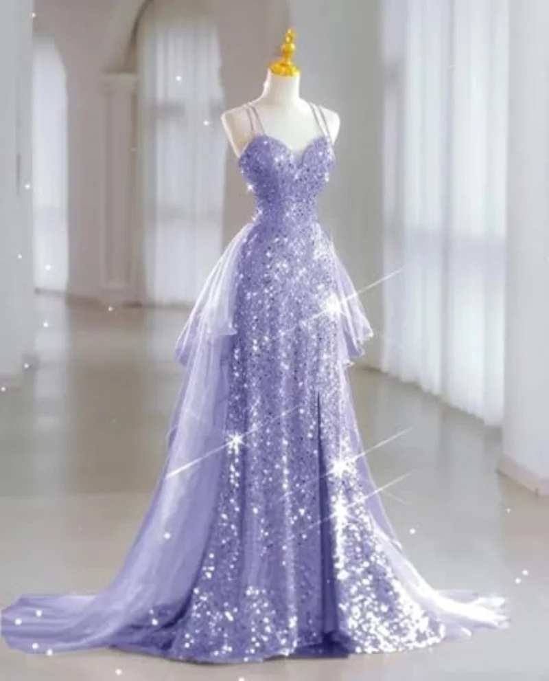 Rotterdam-Robe de Soirée Longue en Tulle avec Col en V et Fente Latérale, Tenue de Mariage à Paillettes, Bretelles Spaghetti, 2024