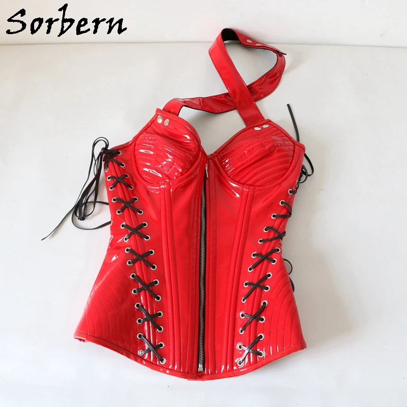 Sorbern Customized Lace Up Corset Cross Strap Neck Bdsm Lacing Strap Multi Colors Zipper Front Patent Leather