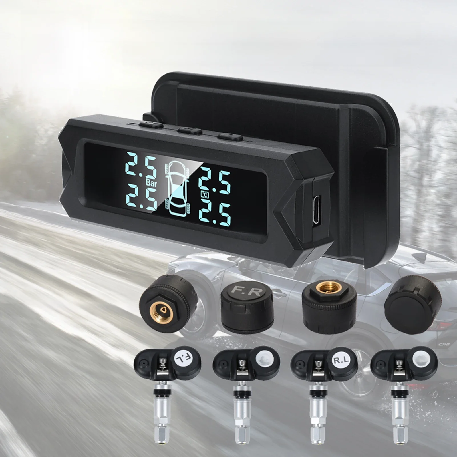 Système de surveillance de la pression des pneus, TPMS à énergie solaire sans fil avec 5 Modes d'alarme, écran LCD rétro-éclairé automatique, 4 capteurs 0-81 PSI