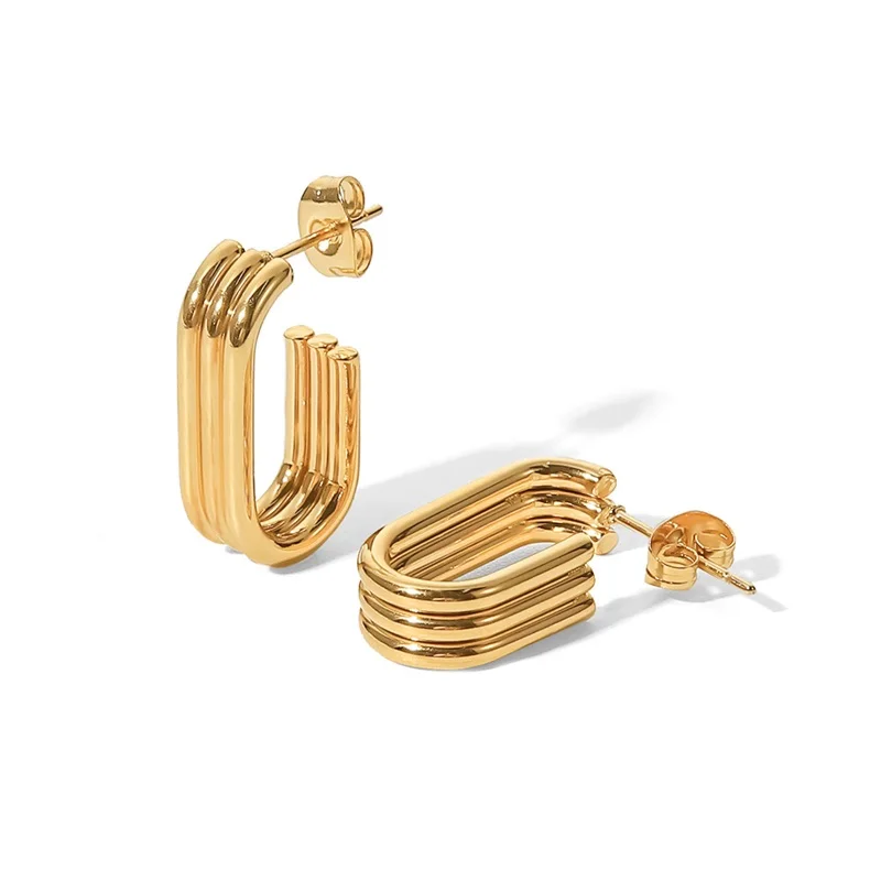 Youthway Dreischichtige U-förmige offene Ohrringe aus Edelstahl, 18 Karat PVD-vergoldet, modischer Vintage-Klassiker-Schmuck für Damen 2022